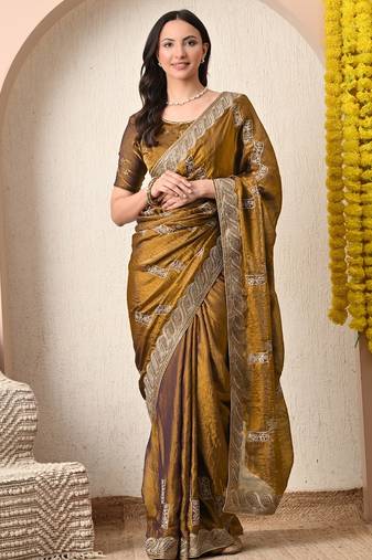 Women's mustard embellished silk blend saree with unstitched blouse piece