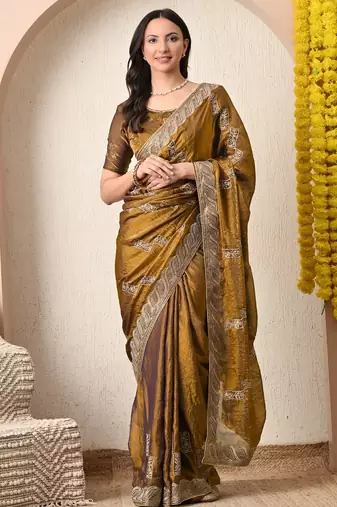 Women's mustard embellished silk blend saree with unstitched blouse piece