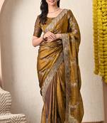 Women's mustard embellished silk blend saree with unstitched blouse piece