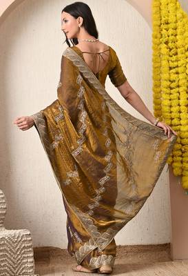 Women's mustard embellished silk blend saree with unstitched blouse piece 3