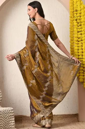 Women's mustard embellished silk blend saree with unstitched blouse piece