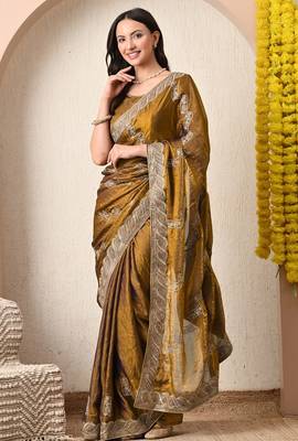 Women's mustard embellished silk blend saree with unstitched blouse piece 4