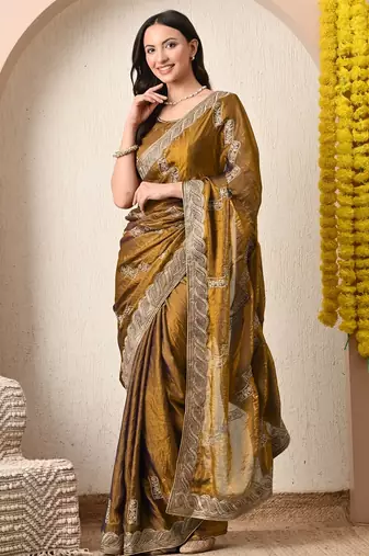 Women's mustard embellished silk blend saree with unstitched blouse piece