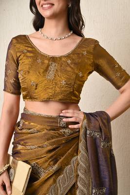 Women's mustard embellished silk blend saree with unstitched blouse piece 5