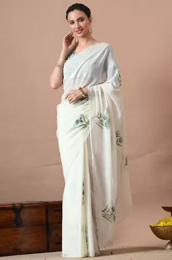Women's white floral print georgette saree with unstitched blouse piece
