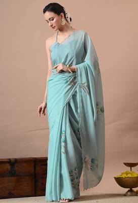 Women's turquoise floral print georgette saree with unstitched blouse piece 3