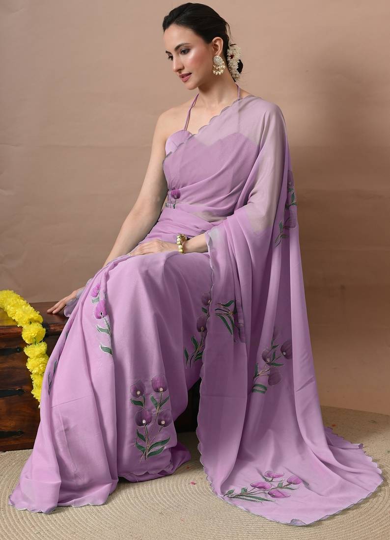 Women's magenta floral print georgette saree with unstitched blouse piece