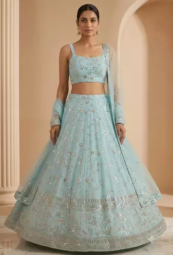 Skyblue Embroidered Georgette Lehenga Choli Dupatta