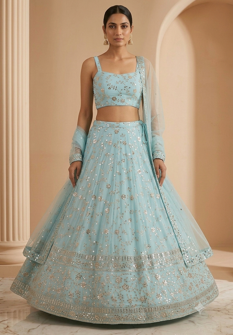 Skyblue Embroidered Georgette Lehenga Choli Dupatta