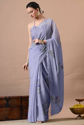 Women's lavender floral print georgette saree with unstitched blouse piece 5
