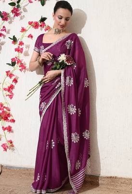 Women's magenta embellished georgette saree with unstitched blouse piece 2