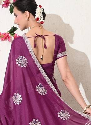 Women's magenta embellished georgette saree with unstitched blouse piece 4