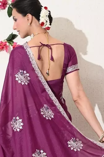 Women's magenta embellished georgette saree with unstitched blouse piece