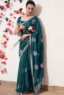 Women's green embellished georgette saree with unstitched blouse piece 2