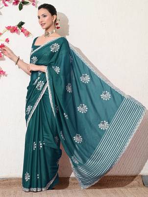 Women's green embellished georgette saree with unstitched blouse piece 3