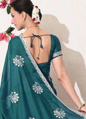Women's green embellished georgette saree with unstitched blouse piece 5