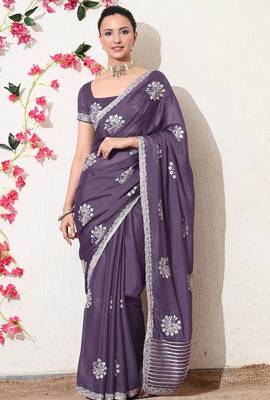 Women's purple embellished georgette saree with unstitched blouse piece 1