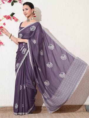 Women's purple embellished georgette saree with unstitched blouse piece 2