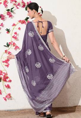 Women's purple embellished georgette saree with unstitched blouse piece 3