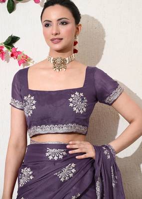 Women's purple embellished georgette saree with unstitched blouse piece 4
