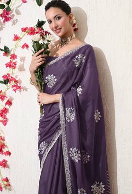 Women's purple embellished georgette saree with unstitched blouse piece 5