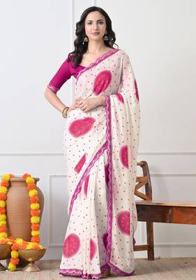 Women's white block print chiffon saree with unstitched blouse piece 1