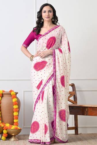Women's white block print chiffon saree with unstitched blouse piece