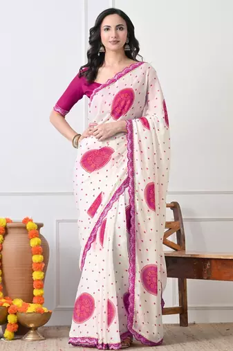 Women's white block print chiffon saree with unstitched blouse piece