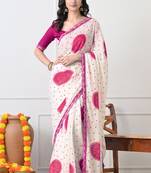 Women's white block print chiffon saree with unstitched blouse piece