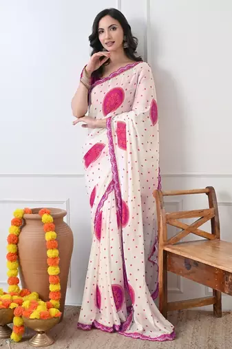 Women's white block print chiffon saree with unstitched blouse piece