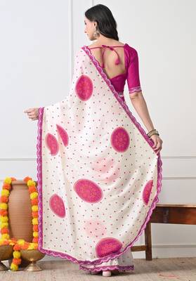 Women's white block print chiffon saree with unstitched blouse piece 3