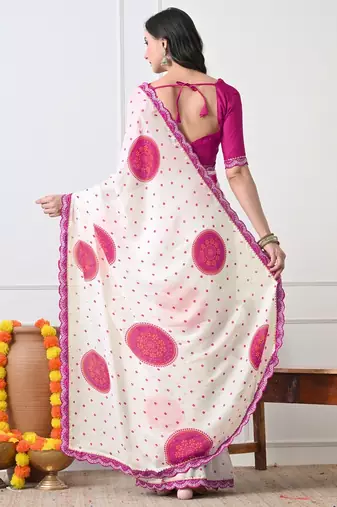 Women's white block print chiffon saree with unstitched blouse piece