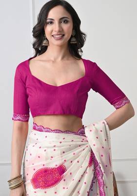 Women's white block print chiffon saree with unstitched blouse piece 4