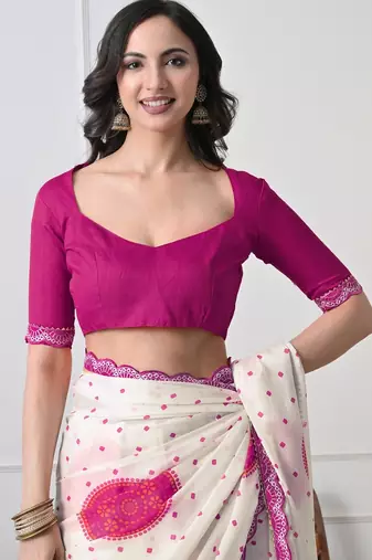 Women's white block print chiffon saree with unstitched blouse piece
