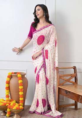 Women's white block print chiffon saree with unstitched blouse piece 5