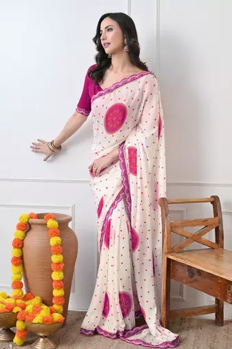 Women's white block print chiffon saree with unstitched blouse piece