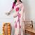 Women's white block print chiffon saree with unstitched blouse piece