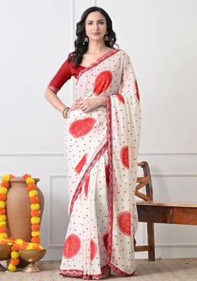 Women's white block print chiffon saree with unstitched blouse piece 1