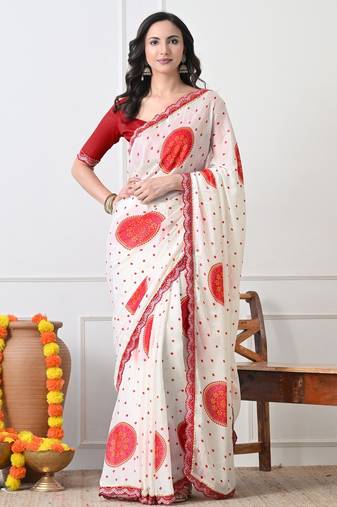 Women's white block print chiffon saree with unstitched blouse piece