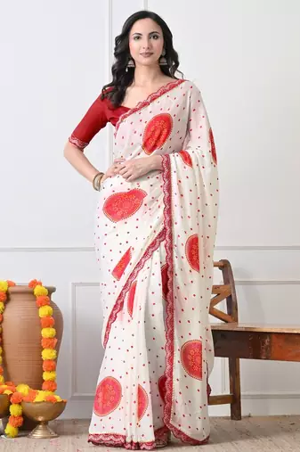 Women's white block print chiffon saree with unstitched blouse piece