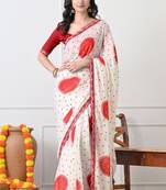 Women's white block print chiffon saree with unstitched blouse piece