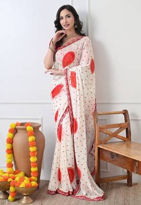 Women's white block print chiffon saree with unstitched blouse piece 2