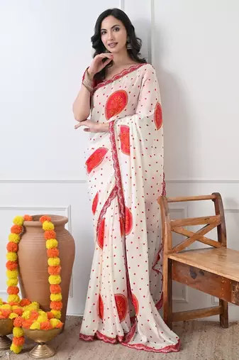 Women's white block print chiffon saree with unstitched blouse piece