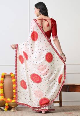 Women's white block print chiffon saree with unstitched blouse piece 3
