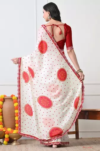 Women's white block print chiffon saree with unstitched blouse piece