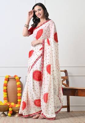 Women's white block print chiffon saree with unstitched blouse piece 4
