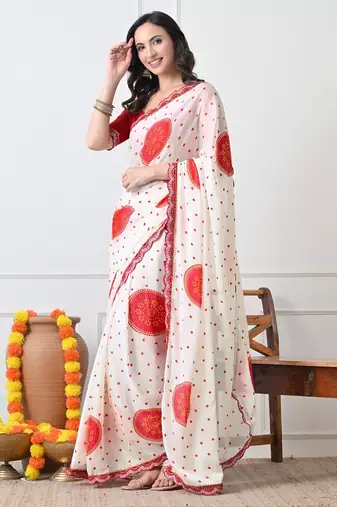 Women's white block print chiffon saree with unstitched blouse piece