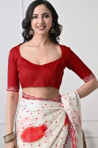 Women's white block print chiffon saree with unstitched blouse piece