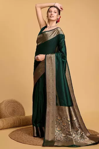 dark green zari work silk blend saree with blouse