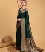 dark green zari work silk blend saree with blouse